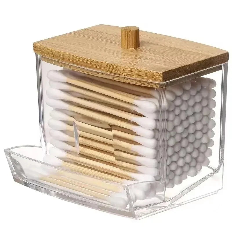 Bamboo Lid Cotton Swab Organizer Box
