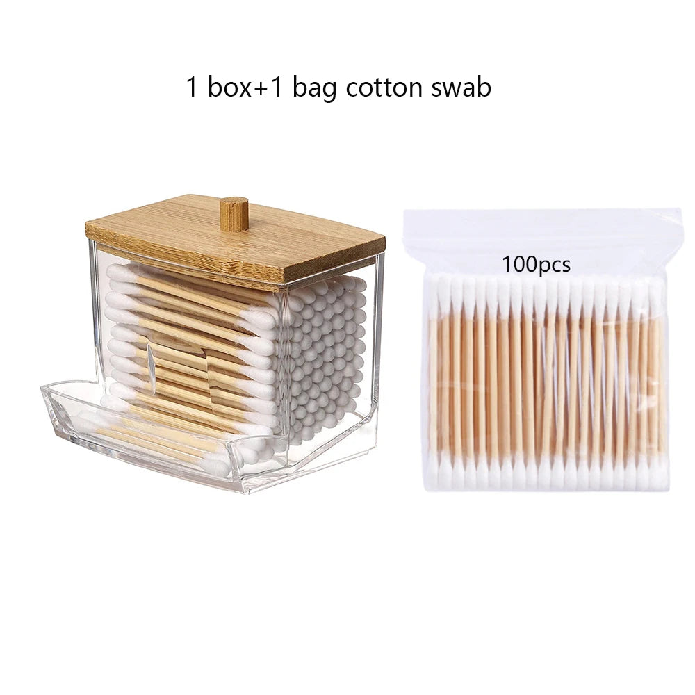 Bamboo Lid Cotton Swab Organizer Box