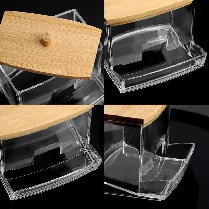 Bamboo Lid Cotton Swab Organizer Box