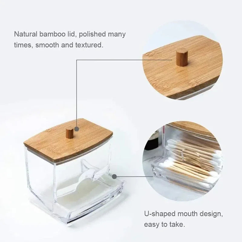 Bamboo Lid Cotton Swab Organizer Box