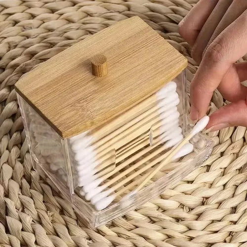 Bamboo Lid Cotton Swab Organizer Box